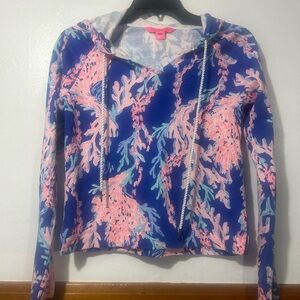 Lilly Pulitzer Blue Hooded Pullover with Pink Coral Print